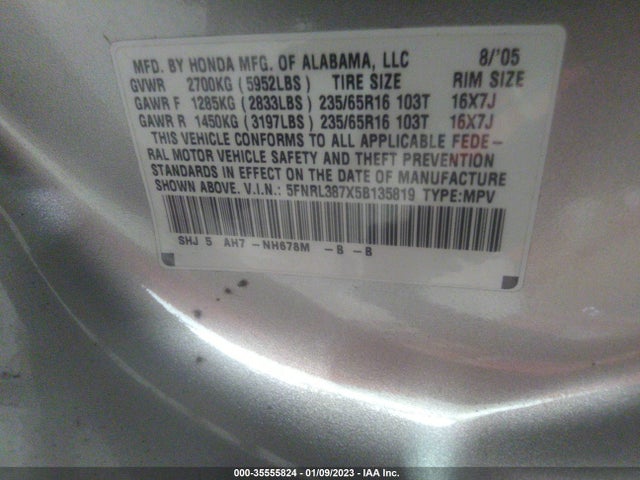2005 HONDA ODYSSEY EX-L VIN: 5FNRL387X5B135819