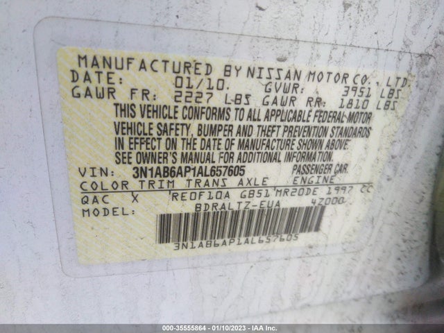 2010 NISSAN SENTRA 2.0 S VIN: 3N1AB6AP1AL657605