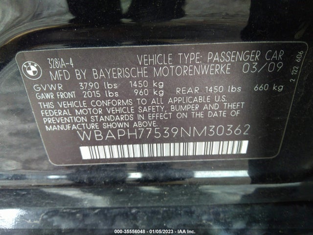 2009 BMW 3 SERIES 328I VIN: WBAPH77539NM30362