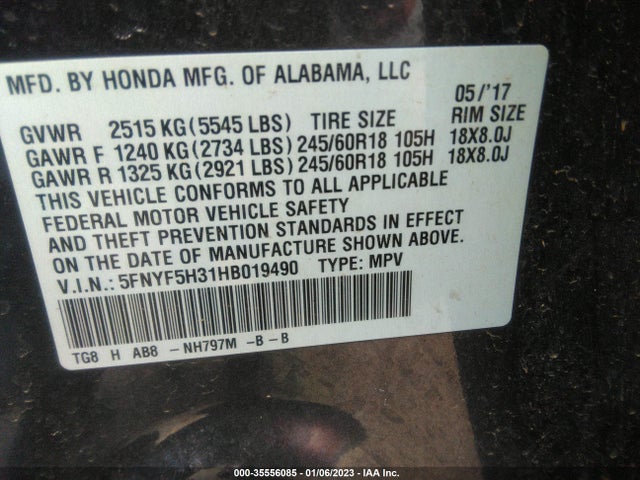 Honda Pilot Ex 2017 5FNYF5H31HB019490 Image 9