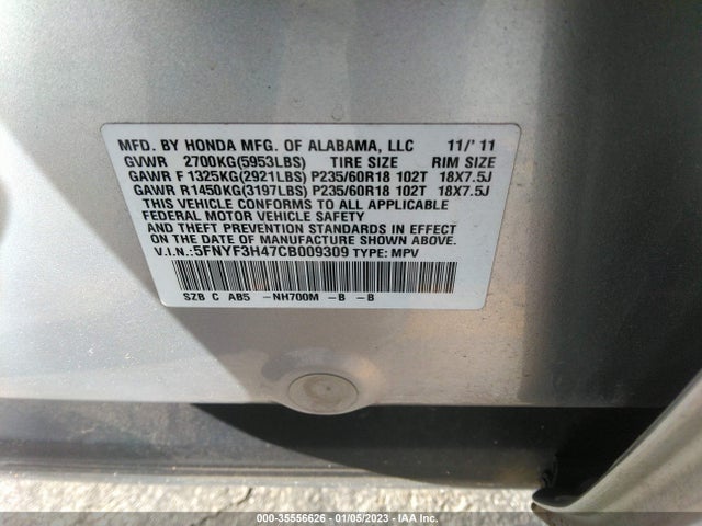 2012 HONDA PILOT EX VIN: 5FNYF3H47CB009309