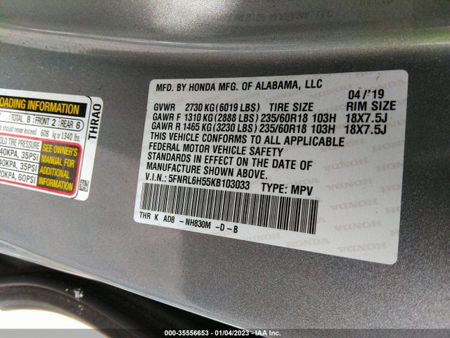 2019 HONDA ODYSSEY EX VIN: 5FNRL6H55KB103033