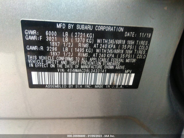 2020 SUBARU ASCENT PREMIUM VIN: 4S4WMACD9L3433141