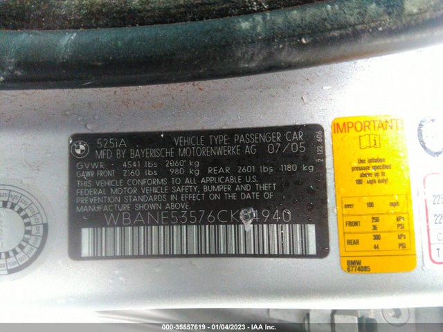 2006 BMW 5 SERIES 525I VIN: WBANE53576CK84940
