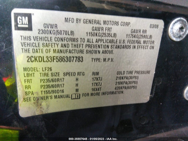 2008 PONTIAC TORRENT VIN: 2CKDL33F586307783