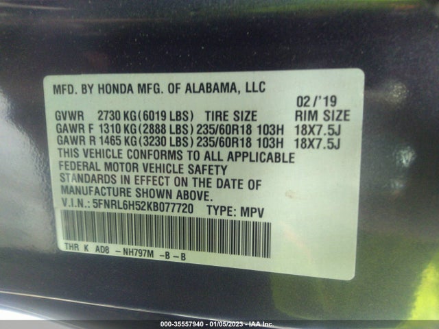 2019 Honda Odyssey, VIN: 5FNRL6H52KB077720