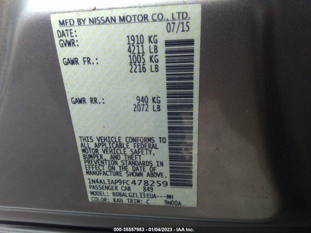 35557953 :رقم المزاد ، 1N4AL3AP9FC478259 vin ، 2015 Nissan Altima 2.5 S مزاد بيع