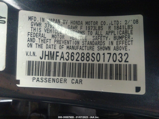 2008 HONDA CIVIC HYBRID VIN: JHMFA36288S017032