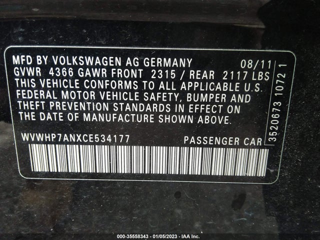 2012 VOLKSWAGEN CC LUX PLUS PZEV VIN: WVWHP7ANXCE534177