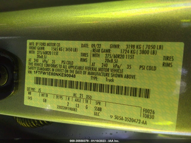 2022 Ford F-150, VIN: 1FTFW1E80NKE90948