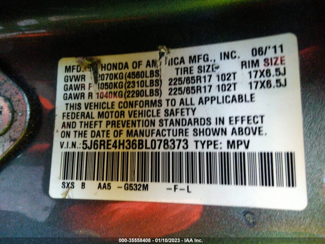 2011 HONDA CR-V LX VIN: 5J6RE4H36BL078373