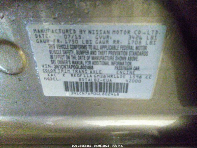 3N1CN7AP0GL802468 Nissan Versa S/s Plus/sl/sv