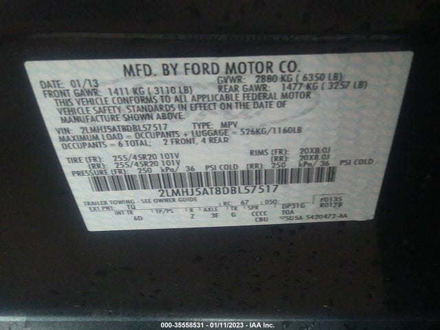 2013 LINCOLN MKT ECOBOOST VIN: 2LMHJ5AT8DBL57517