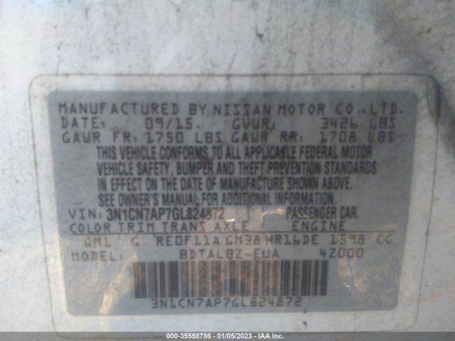 3N1CN7AP7GL824872 Nissan VERSA SV