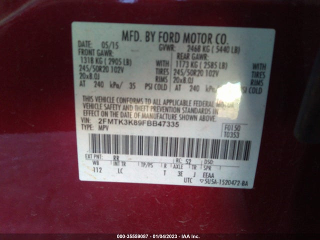 2015 FORD EDGE TITANIUM VIN: 2FMTK3K89FBB47335