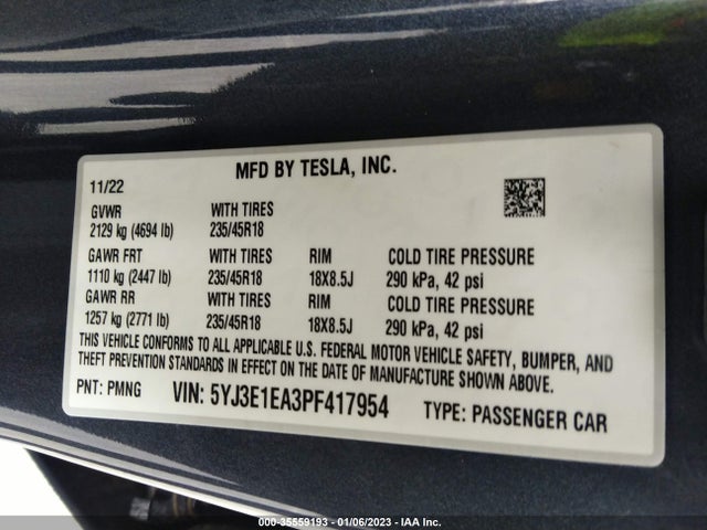 Tesla MODEL 3 2023 5YJ3E1EA3PF417954 Image 9