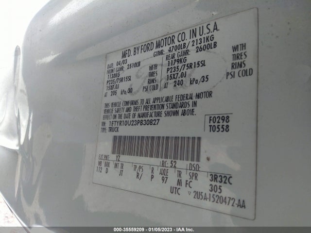 2003 FORD RANGER XL/XLT/EDGE VIN: 1FTYR10U23PB30827
