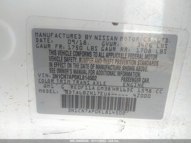Продаж на аукціоні авто 2019 Nissan Versa Sedan Sv, vin: 3N1CN7AP0KL814502, номер лоту: 35559250