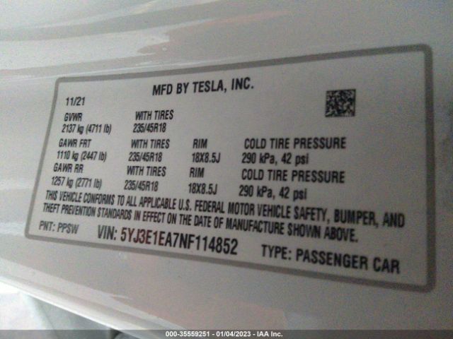 5YJ3E1EA7NF114852 Tesla MODEL 3