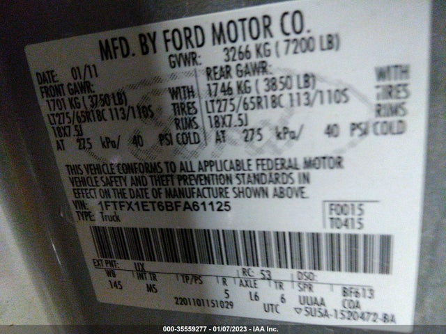 2011 FORD F-150 XL/XLT/FX4/LARIAT VIN: 1FTFX1ET6BFA61125