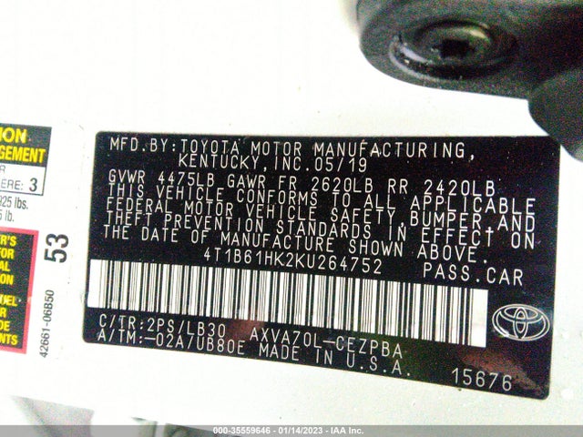 Toyota Camry 2019 4T1B61HK2KU264752 Image 9