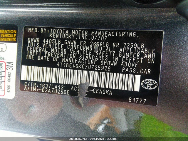 2007 TOYOTA CAMRY CE/LE/SE/XLE VIN: 4T1BE46K07U725929