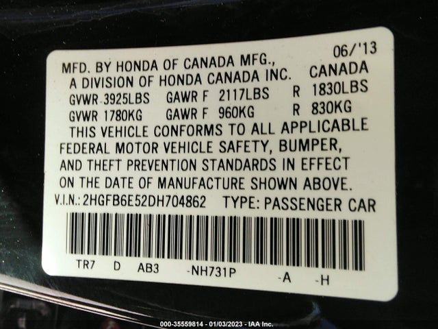 2013 HONDA CIVIC SDN SI VIN: 2HGFB6E52DH704862