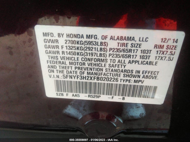 Honda PILOT LX 2015 5FNYF3H2XFB020226 Image 9