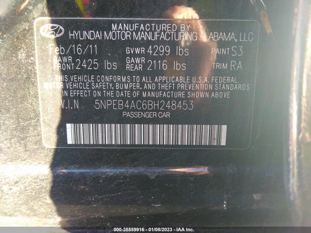 2011 HYUNDAI SONATA GLS PZEV VIN: 5NPEB4AC6BH248453