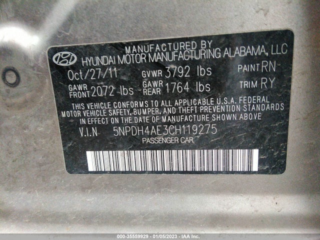 2012 HYUNDAI ELANTRA LIMITED PZEV VIN: 5NPDH4AE3CH119275