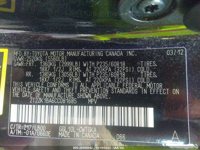 2T2ZK1BA6CC081685 Lexus RX 350