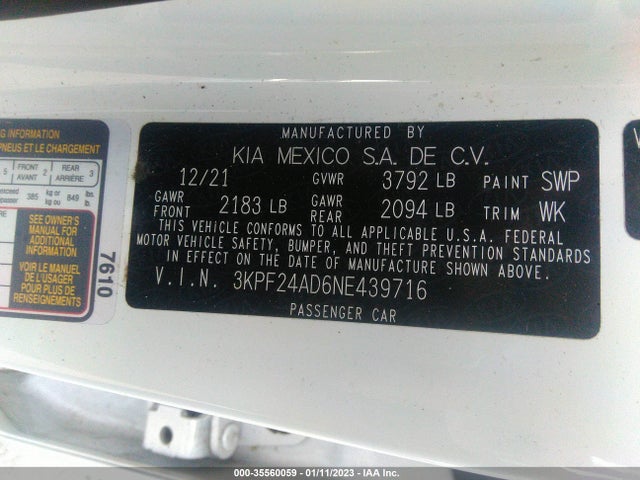 2022 KIA FORTE LXS VIN: 3KPF24AD6NE439716