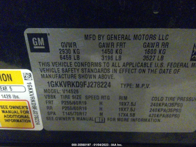 GMC ACADIA SLT 2015 1GKKVRKD9FJ278224 Image 9