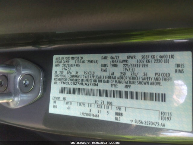 2022 Ford Escape, VIN: 1FMCU0BZ7NUA27494