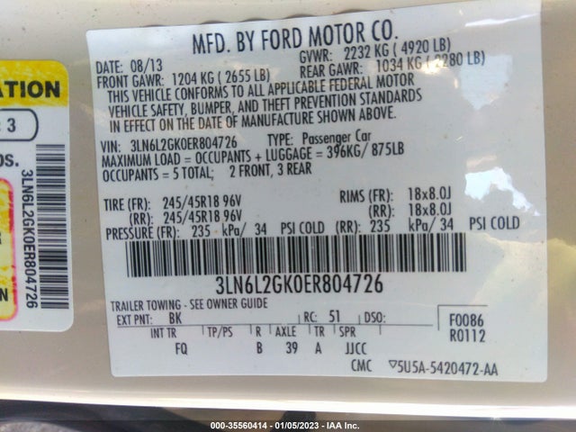 2014 LINCOLN MKZ VIN: 3LN6L2GK0ER804726