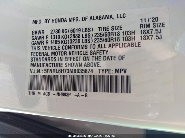 2021 Honda Odyssey, VIN: 5FNRL6H73MB035674