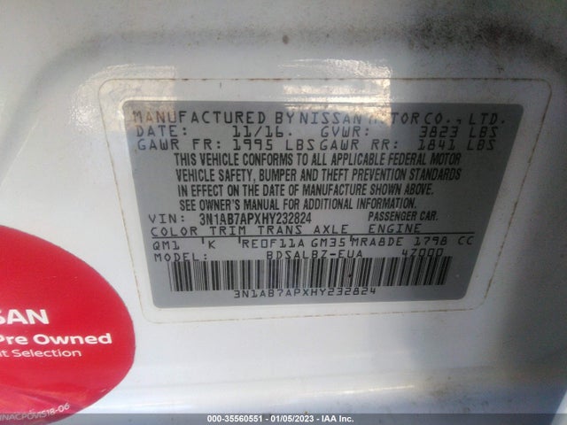 2017 NISSAN SENTRA S VIN: 3N1AB7APXHY232824