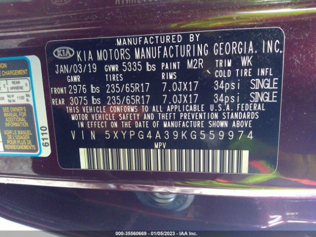 5XYPG4A39KG559974 KIA SORENTO LX