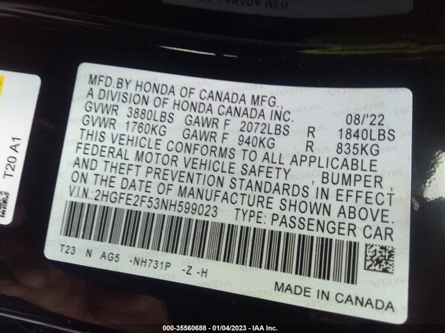 Honda CIVIC SEDAN 2022 2HGFE2F53NH599023 Image 10
