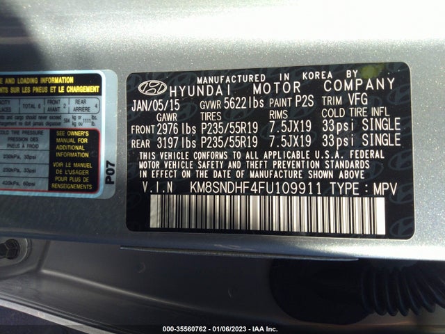 2015 Hyundai Santa Fe, VIN: KM8SNDHF4FU109911