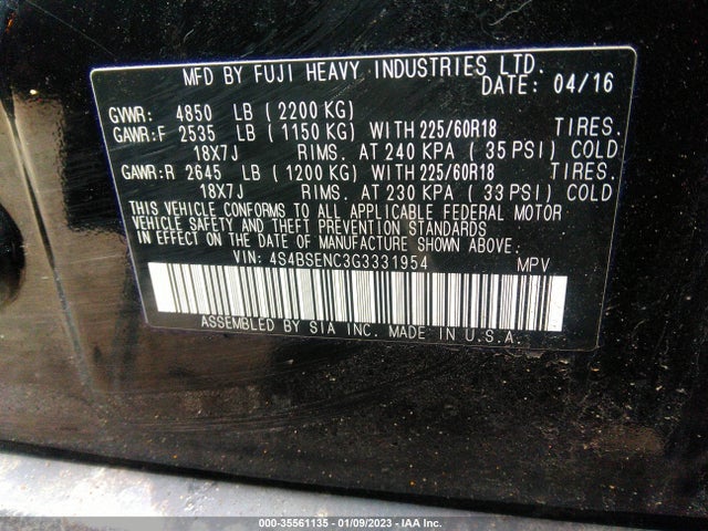 2016 Subaru Outback, VIN: 4S4BSENC3G3331954