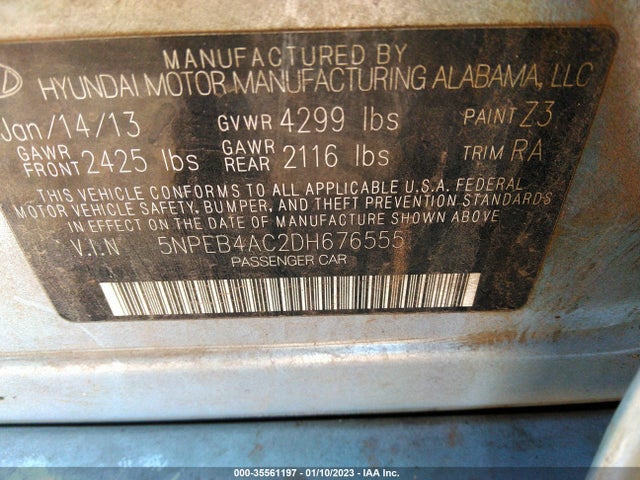 2013 HYUNDAI SONATA GLS VIN: 5NPEB4AC2DH676555