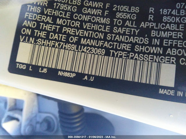 Honda CIVIC EX 2020 SHHFK7H69LU423069 Image 9
