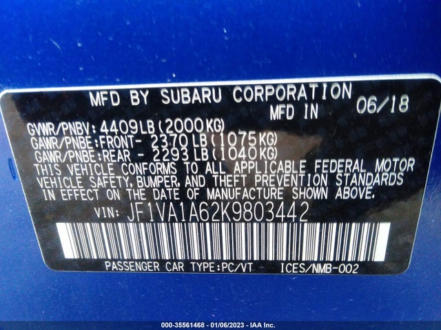 2019 Subaru WRX, VIN: JF1VA1A62K9803442