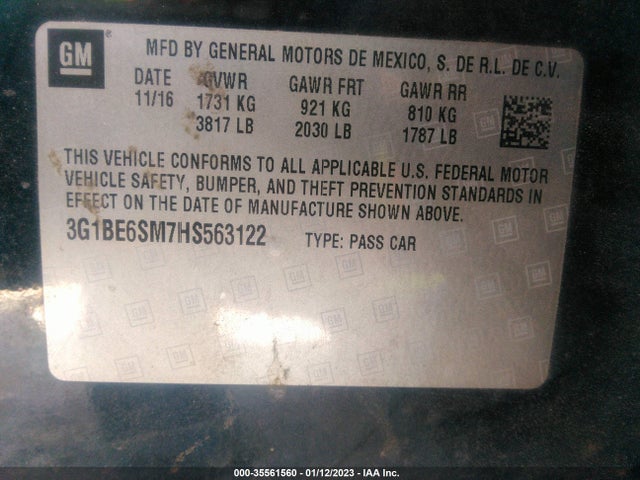 2017 CHEVROLET CRUZE LT VIN: 3G1BE6SM7HS563122