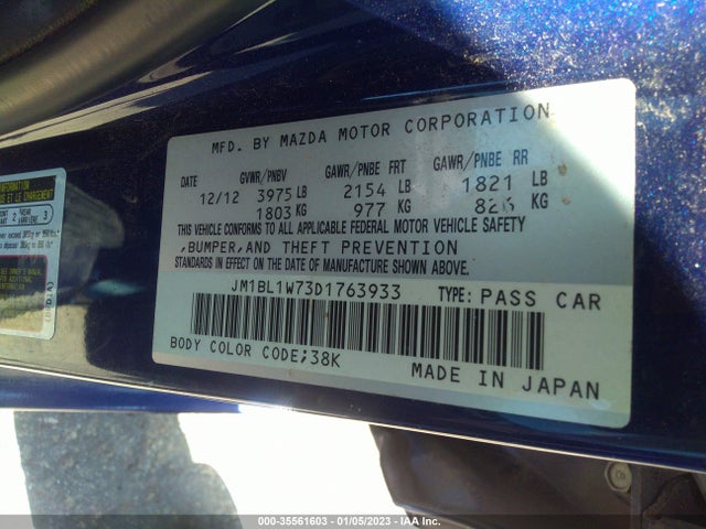 2013 MAZDA MAZDA3 I GRAND TOURING VIN: JM1BL1W73D1763933