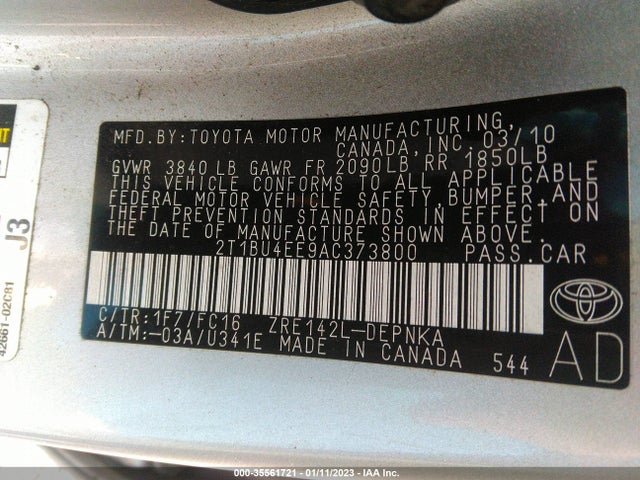 2010 TOYOTA COROLLA VIN: 2T1BU4EE9AC373800