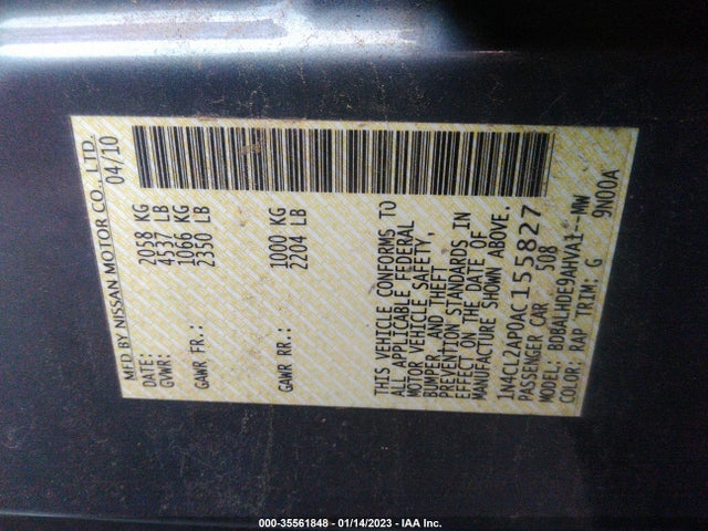 2010 NISSAN ALTIMA HYBRID VIN: 1N4CL2AP0AC155827
