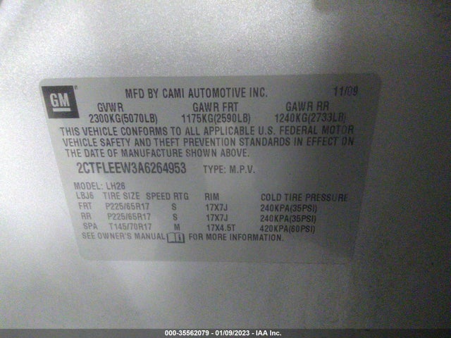 2010 GMC TERRAIN SLE-2 VIN: 2CTFLEEW3A6264953