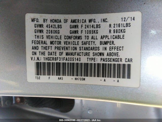 2015 Honda Accord, VIN: 1HGCR6F31FA005140